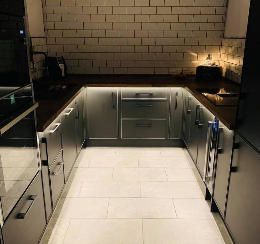 Well-lit kitchen showcasing SGF Electrical Contractors' domestic electrical services in Kennoway, residential electrician in Leven, Fife home lighting and electrical installations